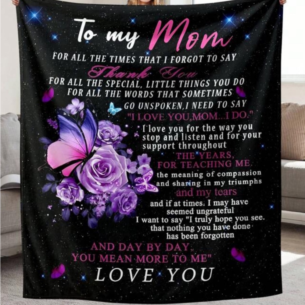 New.Flannel Blanket for Mom“To My Mom” with Heartfelt Quotes,Roses & Butterflies